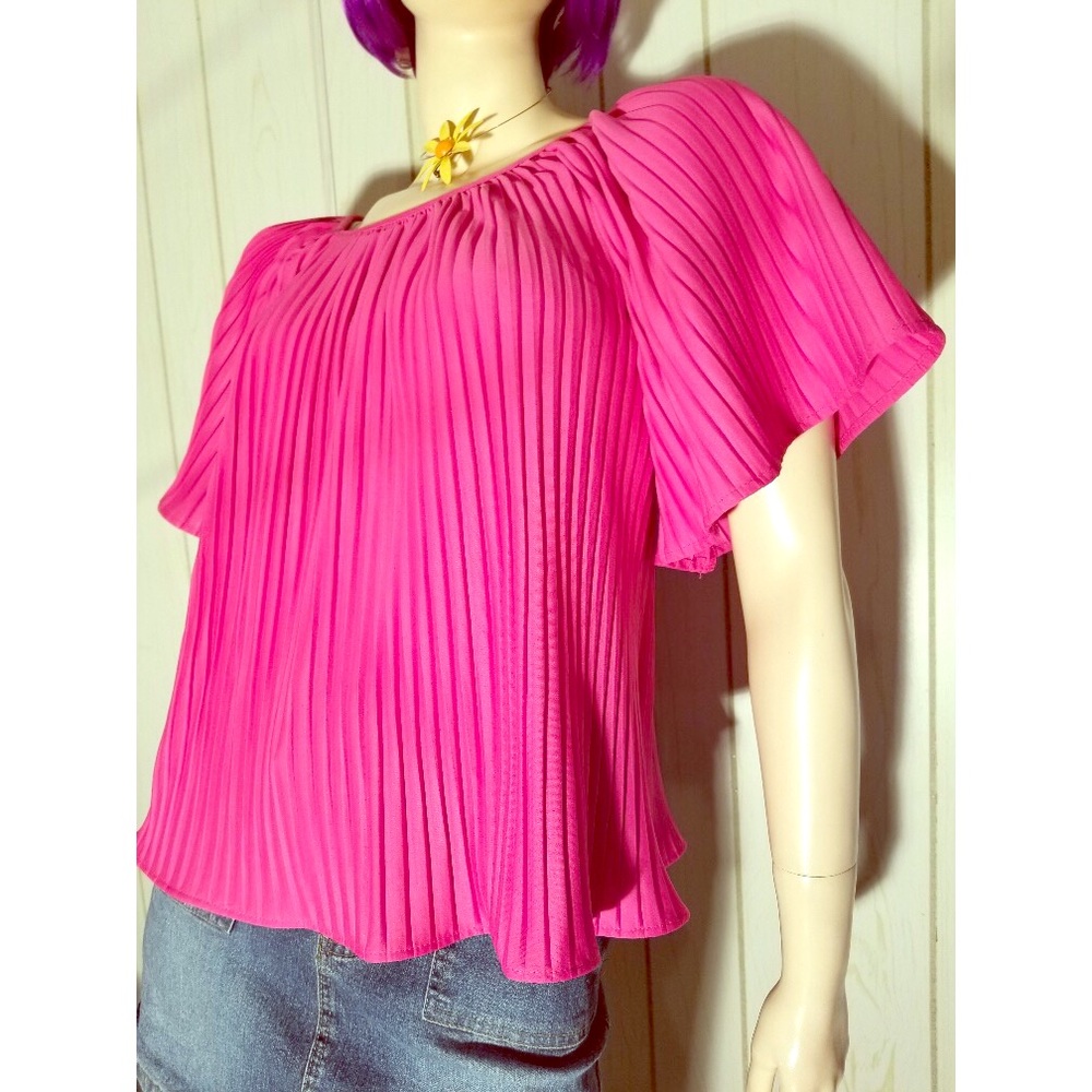 VTG 70s BOHO DISCO Pink Pleated Angel Sleeve Top NWT